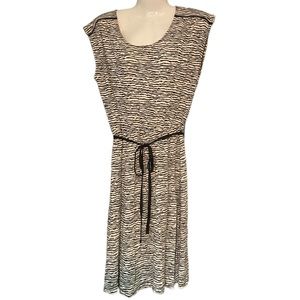 LOFT Knit Dress Small Zebra Stripe Tie Elastic Waist Black White Cap Sleeve